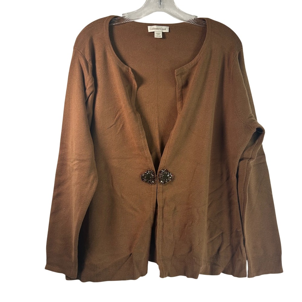 Coldwater Creek Brown Silk Blend Jeweled Clasp Cardigan Sweater Large L 14-16